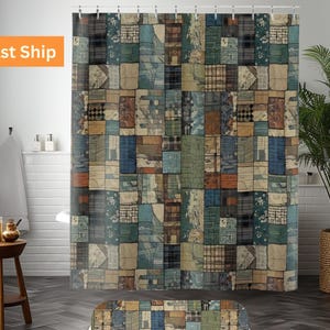 May include: A shower curtain featuring a rectangular patchwork design with various patterns including plaid, floral, and solid textures in shades of blue, brown, tan, and green. The curtain hangs from metal rings and includes an orange Fast Ship label.