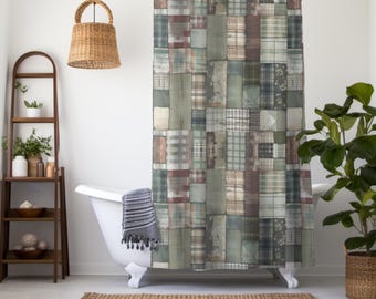 Cortina de ducha con patchwork de trapo verde salvia: decoración de baño estilo rústico francés