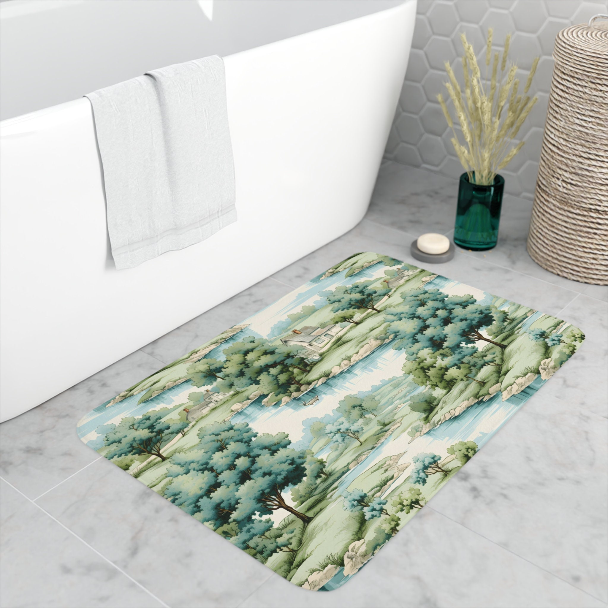 Blue Toile Bath Mat Cottagecore Bath Mat Floral Bath Mat Farmhouse Bath Decor Boho Bath Mat