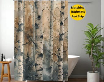 Cortina de ducha con diseño de bosque de álamos y alfombrillas de baño disponibles: decoración de baño con diseño de abedul blanco