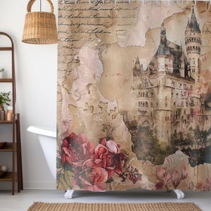 Castlecore Shower Curtain and Bathmat Set – Romantic Cottage Bathroom Decor, Vintage Script Castle Design, College Dorm newlyweds&#39; gift