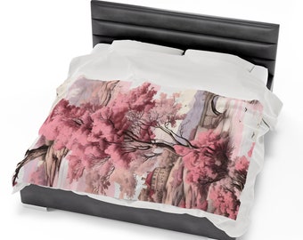 Pink Toile Velveteen Plush Blanket: Cottagecore Farmhouse Floral Throw Homeware