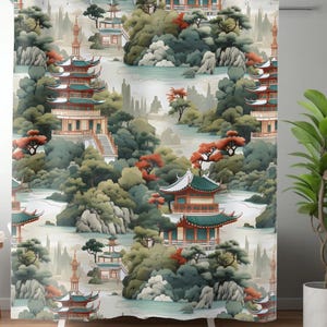 Chinoiserie Pagoda Shower Curtain & Rug Set Asian Landscape Bathmat Japanese Pagoda Decor Housewarming Gift Bathroom Decor Asian Themed Bath