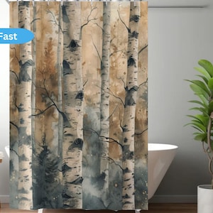 Rideau de douche en tremble, forêt rustique, décoration naturelle, accessoire de salle de bain résistant à l&#39;eau, bouleaux des bois, retraite d&#39;automne dans un spa, nature élégante