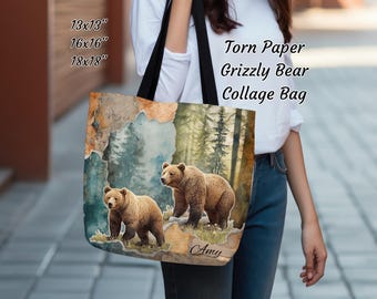 Personalized Grizzly Bear Tote Bag, Forest Collage Art Gift Bag