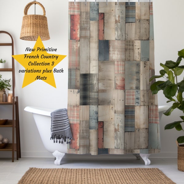 Primitive Shower Curtains Primitive Decorator Bathroom Pattern Curtain and Bath set Rustic Bath Decor Boho Shower Curtain Shabby Chic Bath