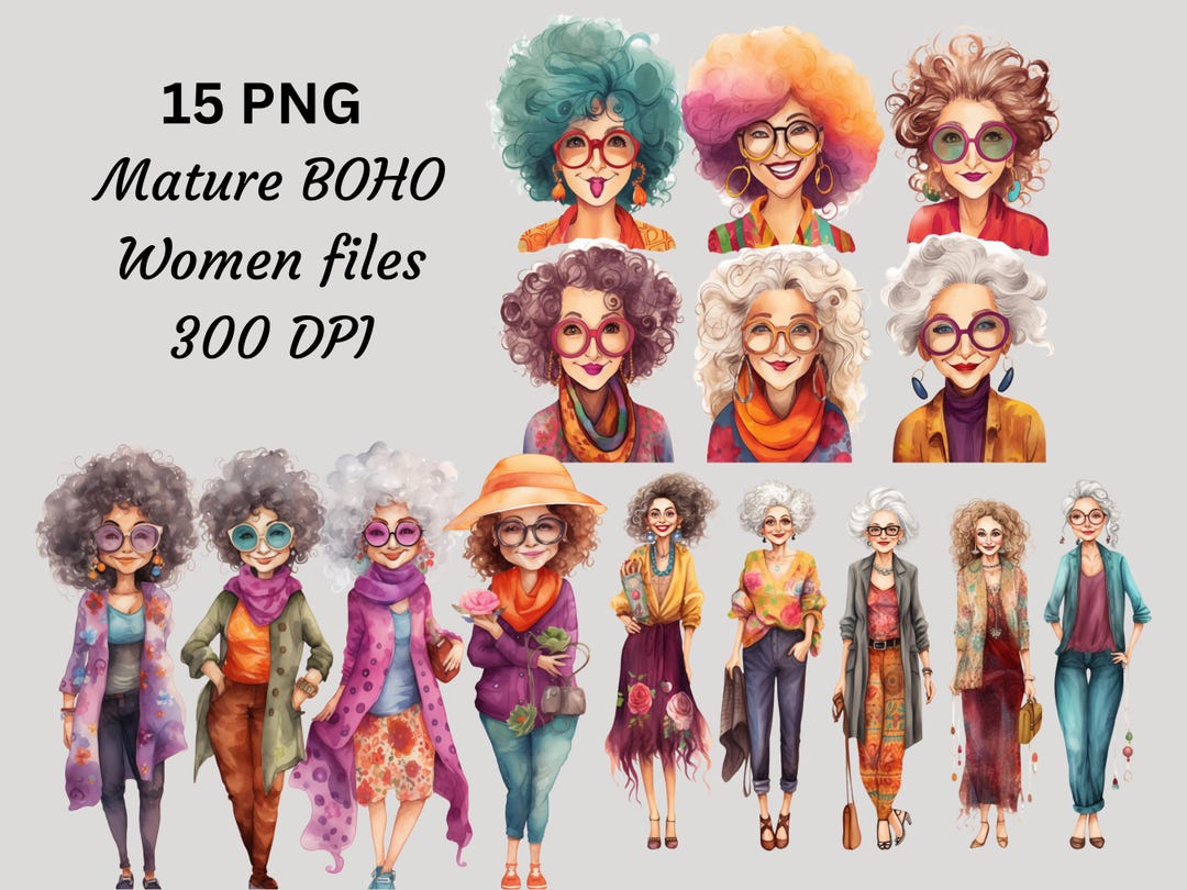 Watercolor Old Lady Clipart Bundle: Funny BOHO PNG Images (digital ...