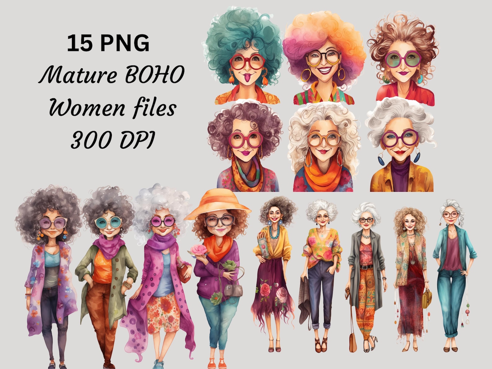 Watercolor Old Lady Clipart: Funny Mature Women PNG Bundle (digital ...