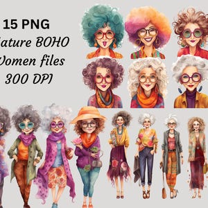 Reife Frauen Digitale Clipart Bundle | Aquarell Old Lady PNGs für Junk Journal & Printables, Designer Grafiken Download 15 PNG lustige Frauen