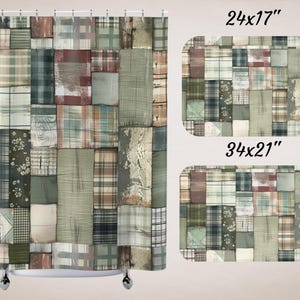 May include: A shower curtain and two bath mats with a patchwork design featuring various shades of green, brown, and beige. The pattern includes plaid, floral, and wood grain textures. The shower curtain is 72 inches tall and the bath mats are 24x17 inches and 34x21 inches.