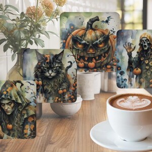Dark Academia Halloween Coaster Set – Gothic Owl, Skull & Book Art, Black Cat – Wooden Drink Coasters with Cork – Vintage Fall Decor idea