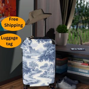Blue Toile Scenic Suitcase Hard Shell Luggage set with Vintage Blue White Landscape Design Small Medium Large Travel bag and spinner wheels