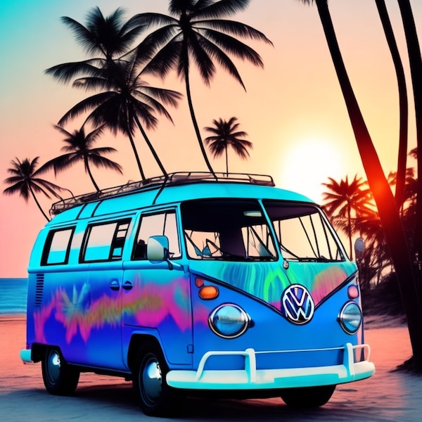 Blue Volkswagen Bus Digital Download and Clip Art: Vintage Beach Vibes with Palm Trees