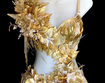 Golden Forest Fairy Goddess Costume  - Handcrafted All-Gold Design with Floral Accents and Gold Glitter Mesh skirt. Made To Order all sizes.