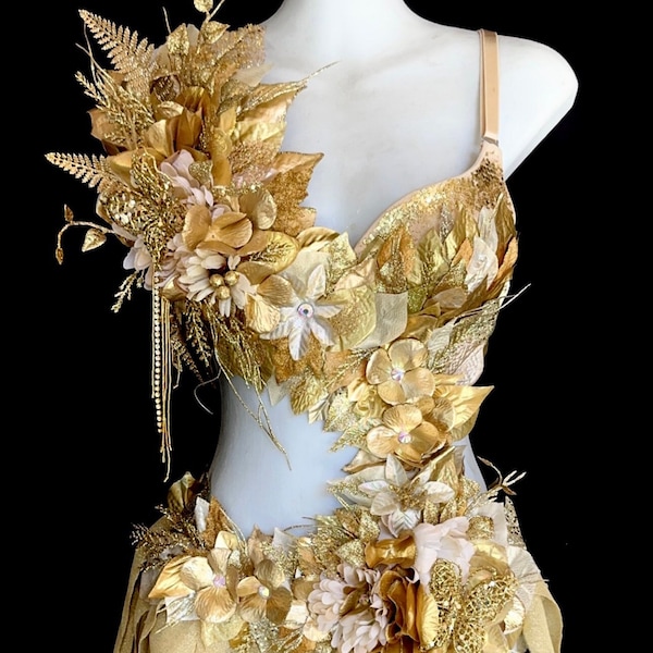 Golden Forest Fairy Goddess Costume  - Handcrafted All-Gold Design with Floral Accents and Gold Glitter Mesh skirt. Made To Order all sizes.