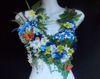 Disfraz de hada del bosque azul: hecho a mano, falda de malla brillante, detalles florales, purpurina y pedrería