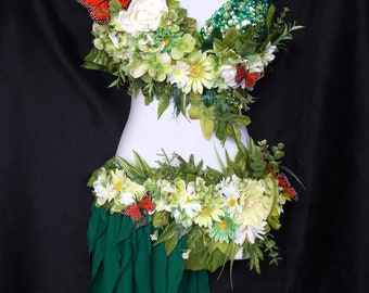 Bosfeekostuum - Handgemaakt, sprankelende rok van mesh, bloemenaccenten, glitter en strasssteentjes