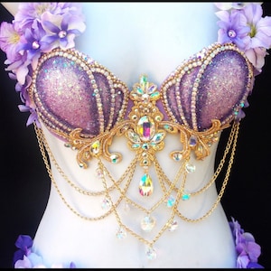 Lavender Glitter Mermaid Bra Top - Lavender & Purple - Sparkling Shells, Crystals, and Gold Accents