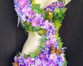 Das Original Waldfee Monokini Kostüm - Handgefertigt, Florale Akzente, Strasssteine - Frühlingsfee Monokini, Nymphenfee, Pixie