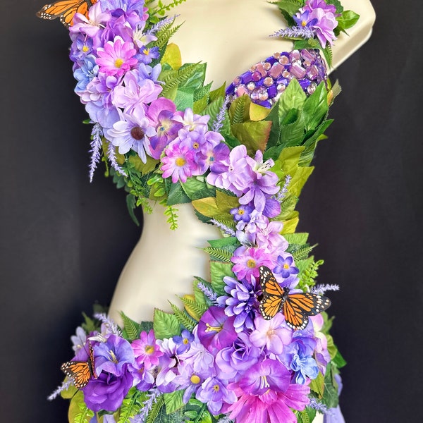 El traje original de Monokini de hada del bosque - hecho a mano, acentos florales, pedrería - Monokini de hada de primavera, hada ninfa, duendecillo