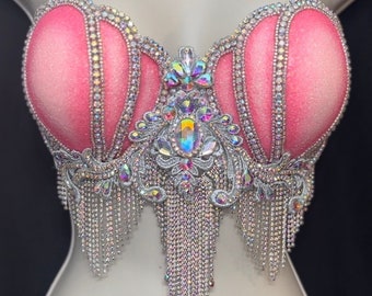 Pink Glitter Mermaid Bra Top -  Pink - Sparkling Shells, Crystals, and Silver Accents 36B/34C Ready To Ship