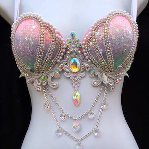 Pastel Glitter Mermaid Bra Top - Lavender, Light Pink, Mint - Sparkling Shells, Crystals, and Silver Accents