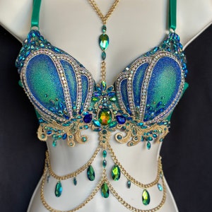 Glitter Mermaid Crystal Bra Top - Aqua Blue with Gold Accents - Iridescent Aqua and Blue Shells and Dark Iridescent Crystals, Rhinestones
