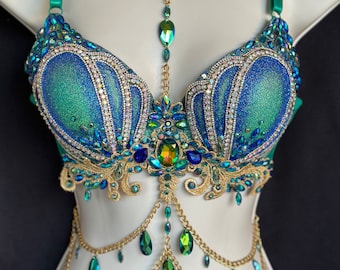 Glitter Mermaid Crystal Bra Top - Aqua Blue with Gold Accents - Iridescent Aqua and Blue Shells and Dark Iridescent Crystals, Rhinestones