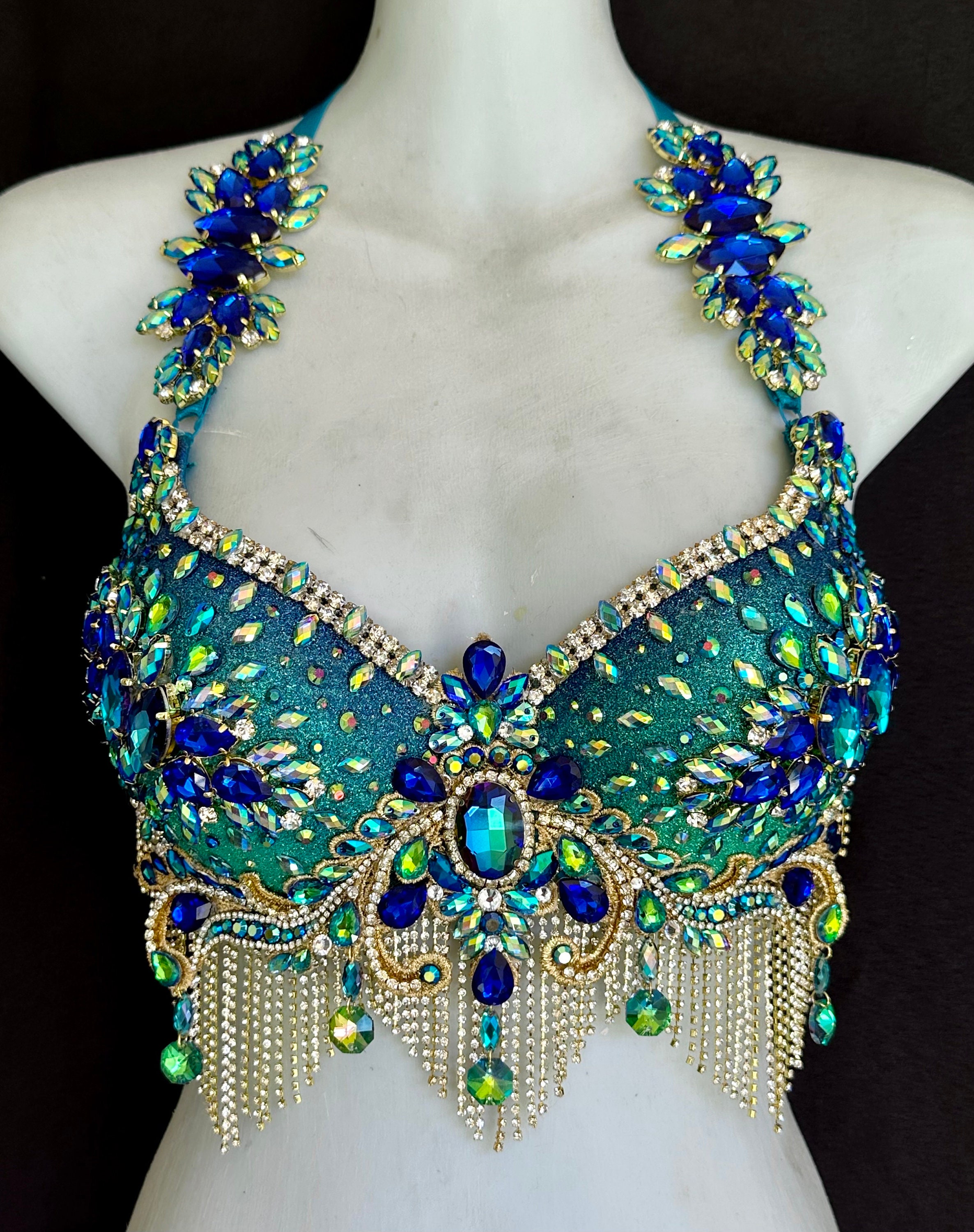 Glitter Mermaid Peacock Bra Top Aqua Blue With Gold Accents