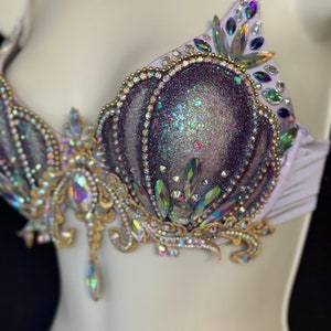 Glitter Mermaid Crystal Bra Shell Top - Purple and Lavender Glam with Shells, Crystals, AB Rhinestones, Indecent Glitter, Gold Appliqué.