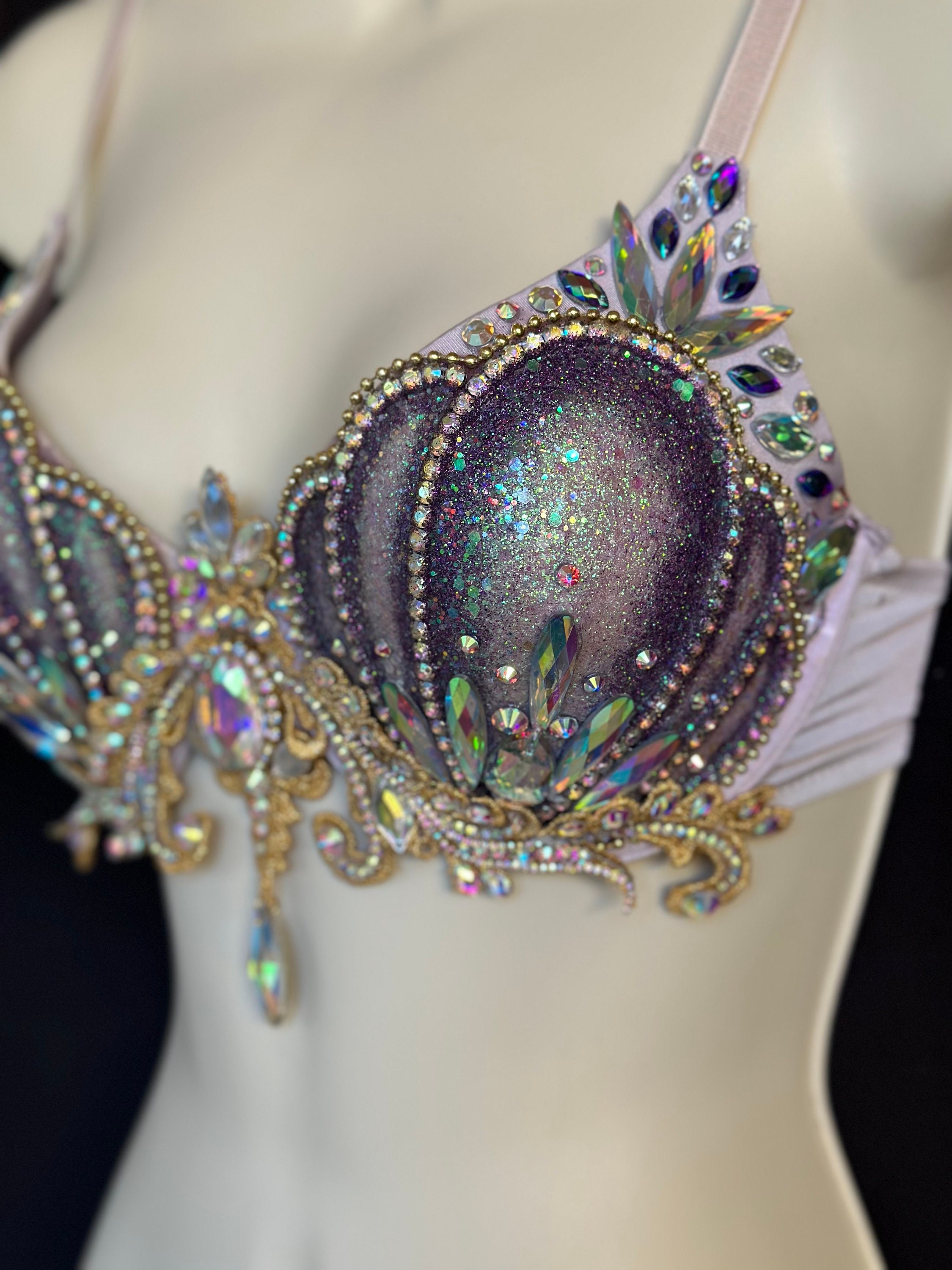 Glitter Mermaid Crystal Bra Shell Top - Purple and Lavender Glam with Shells, Crystals, AB Rhinestones, Indecent Glitter, Gold Appliqué.
