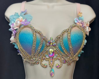 Glitter Mermaid Bra - Iridescent Accents - Glitter Shells With Lavender, Aqua, Cream Flowers, Pearls, Crystals 36B/34C Ready to Ship