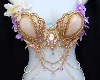 Gold Glitter Mermaid Bra - Lavender Gold With Iridescent Accents - Gold Glitter Shells With Lavender and Cream Flowers Pearls Crystals