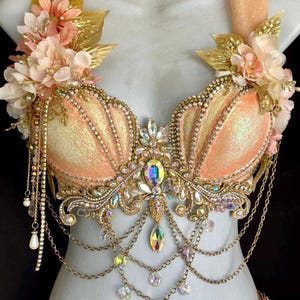 Sparkling Peach Mermaid Goddess Bra Top - Handcrafted Peach Glitter with Crystals, Pearls, and Silk Flowers Made To Order in any size.