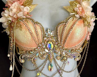 Sparkling Peach Mermaid Goddess Bra Top - Handcrafted Peach Glitter with Crystals, Pearls, and Silk Flowers Made To Order in any size.