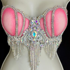 Pink Glitter Mermaid Bra Top -  Pink - Sparkling Shells, Crystals, and Silver Accents 36B/34C Ready To Ship