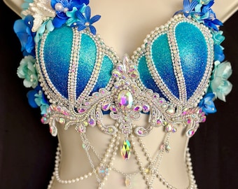 Blue Aqua Glitter Mermaid Bra - Blue Aqua With Iridescent Accents - Glitter Shells, Silver Chain, Iridescent Crystals, Aqua Silk Flowers