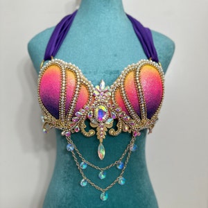 Colorful Glitter Mermaid Bra Top - Lavender, Light Pink, Mint - Sparkling Shells, Crystals, and Silver Accents