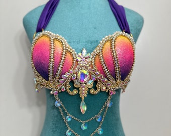 Colorful Glitter Mermaid Bra Top - Lavender, Light Pink, Mint - Sparkling Shells, Crystals, and Silver Accents