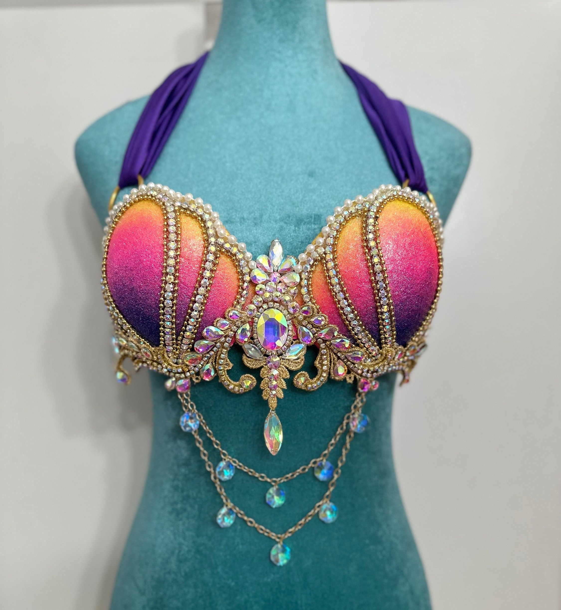 Handmade Vintage Style Mermaid Bellydance Costume Bra and Belt Set With  Crystal, Pearls and Trim 