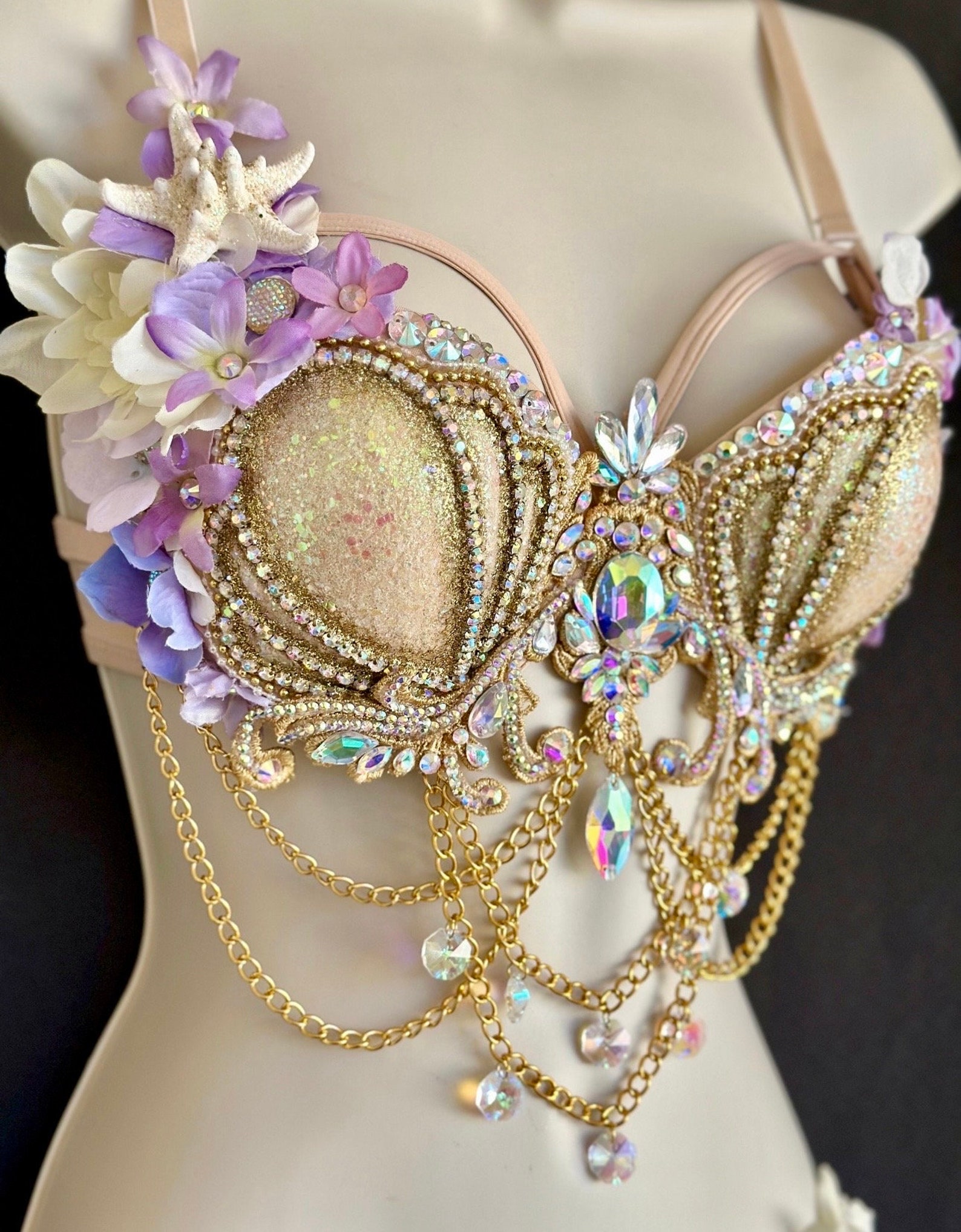 Shell Like Bra Gold Glitter Mermaid Bra - Lavender Gold With Iridescent Accents - Gold ...