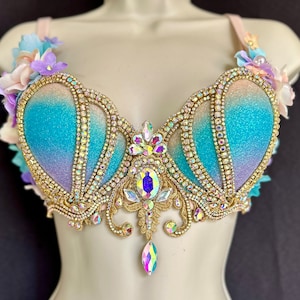Glitter Mermaid Bra - Iridescent Accents - Glitter Shells With Lavender, Aqua, Cream Flowers, Pearls, Crystals 36B/34C Ready to Ship