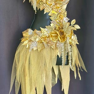 Golden Forest Fairy Goddess Costume  - Handcrafted All-Gold Design with Floral Accents and Gold Glitter Mesh skirt. Made To Order all sizes.
