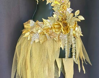 Golden Forest Fairy Goddess Costume  - Handcrafted All-Gold Design with Floral Accents and Gold Glitter Mesh skirt. Made To Order all sizes.