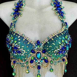 Adult Peacock Costume | Aqua Mermaid Costume - Teal and Blue with Dark iridescent accents, Gold Accents, Blue and Dark Iridescent Crystals.