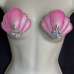 Pink Glitter Mermaid Pasties - Pink With Iridescent Accents - Light Pink Shells, Iridescent Crystals