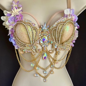 Gold Glitter Mermaid Bra - Lavender Gold With Iridescent Accents - Gold Glitter Shells With Lavender and Cream Flowers Pearls Crystals