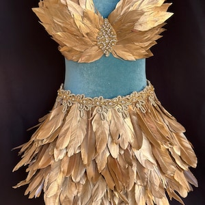 Gilded Gold Feather Fairy Bra and Skirt Set - Alluring Gold Glamour Handcrafted All-Gold Design, Gold Feathers, Gold Trim, Gold Crystal