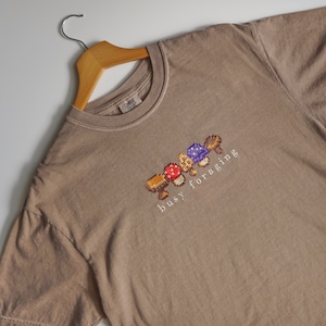 Busy Foraging Stardew Valley Mushroom Embroidered Shirt image 1
