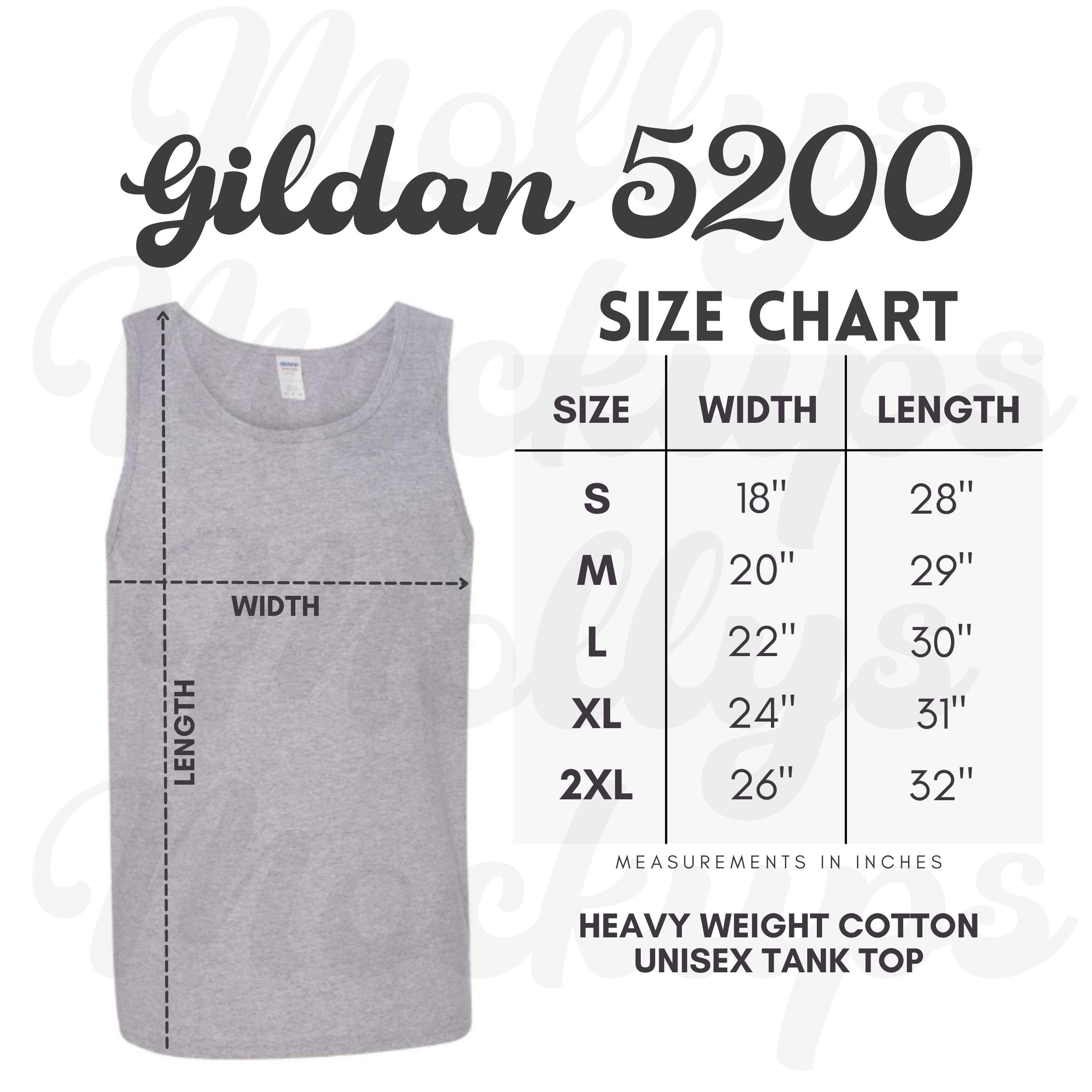 5200 SIZE CHART, Gildan 5200 Size Chart, Gildan Tank Top Size Chart